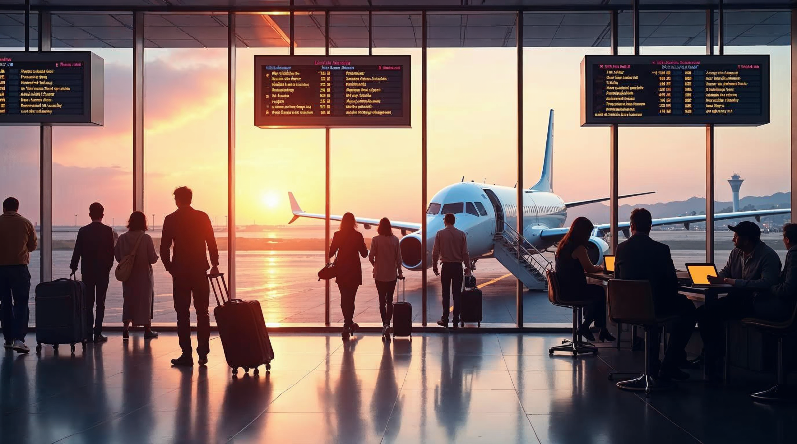 A busy airport scene during peak hours with travelers checking flight boards for cheap flights, brightly lit luggage carts, and a departure screen displaying international destinations. * A peaceful airport landscape at sunrise, featuring travelers with carry-on bags joyfully boarding a vintage airplane, surrounded by distant mountains and warm hues in the sky. * A lively airport café where travelers enjoy coffee and work on laptops, monitoring flight alerts and cheap flights while gazing at planes on the busy tarmac through large windows.