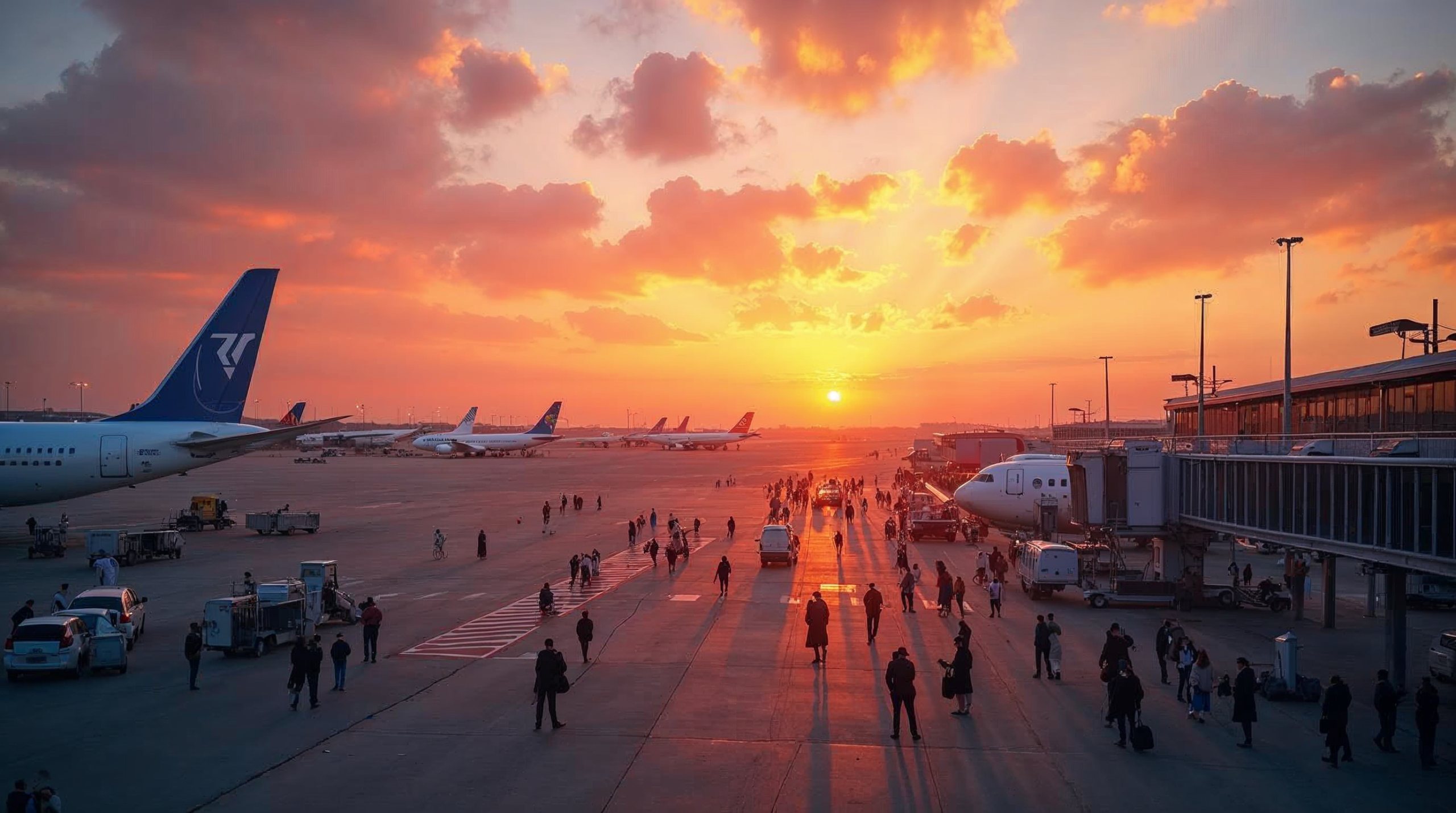 Aerial view of a busy international airport during golden hour, with airplanes on the tarmac and passengers at the gate against a sunset sky, highlighting the excitement of upcoming flights.