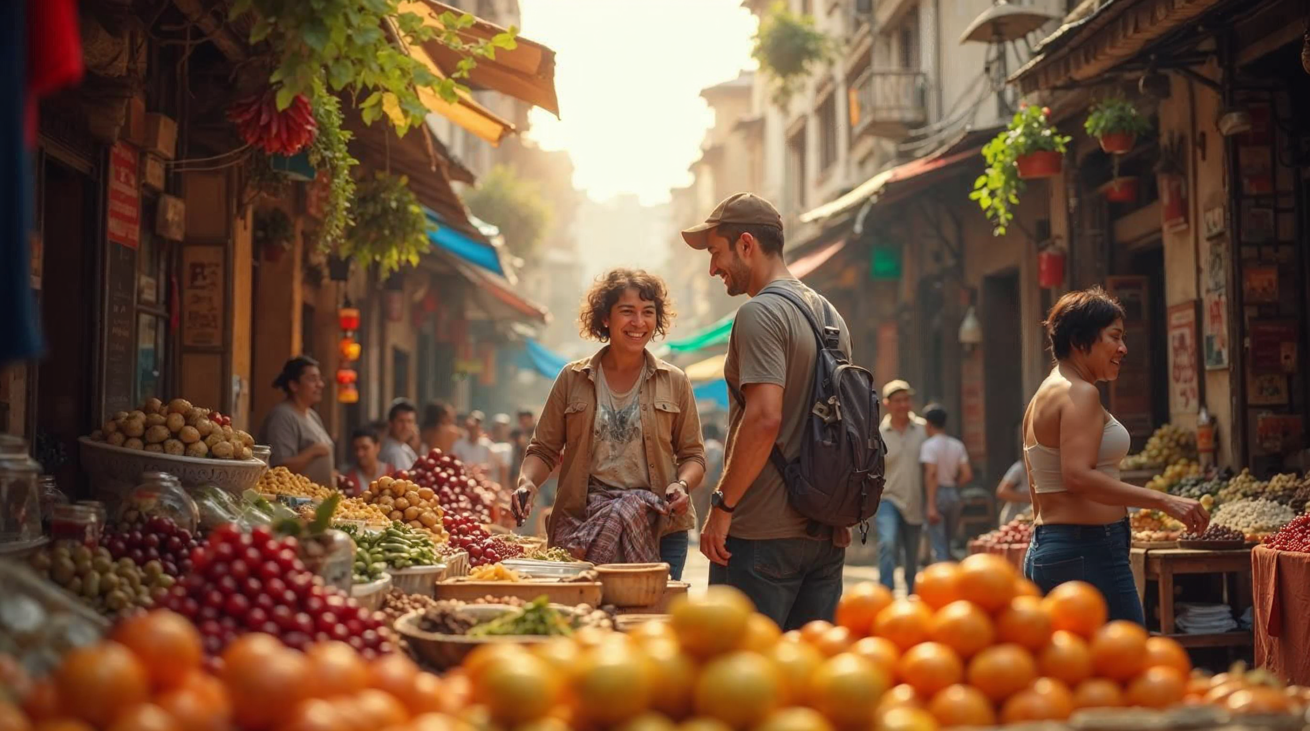 Traveler exploring a vibrant Asian market, with colorful stalls of fruits and spices, locals interacting joyfully, and traditional architecture in the background, capturing the essence of travel.