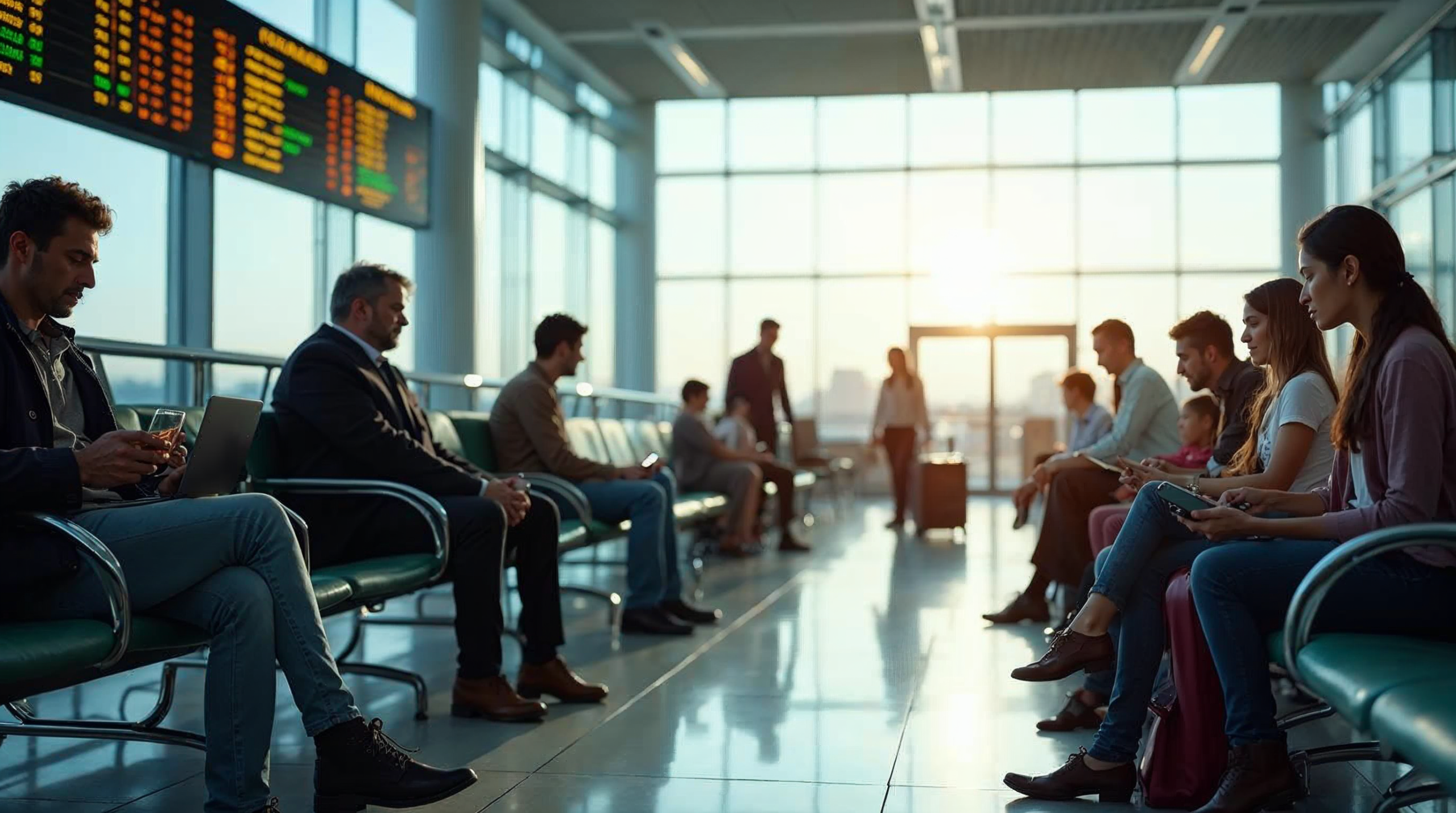 A busy, modern airport bustling with travelers using smartphones and laptops in bright seating areas, showcasing a departures board with colorful flight information, all while staff assist families with luggage in an organized atmosphere focused on finding cheap flights.